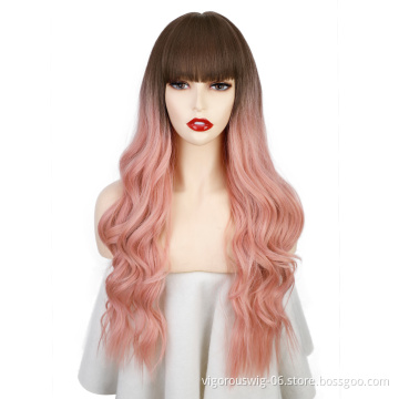 Vigorous Long Wavy Style Wigs For Women Synthetic Ombre Brown To Pink Color Wigs With Dark Brown Bangs Heat Resistant Fiber